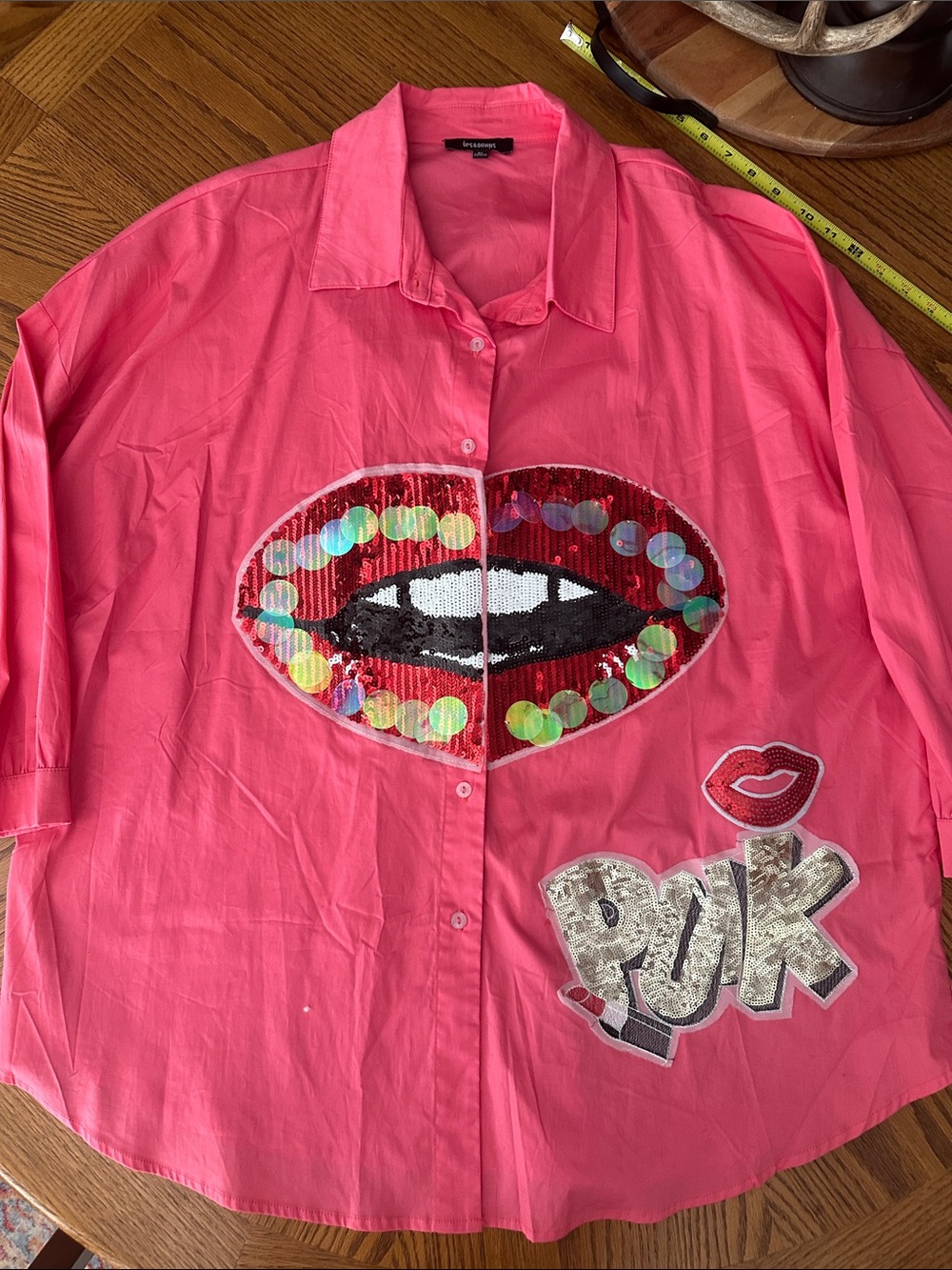 Ups & Downs XL Pink Sequin Lips Button-Up Shirt | Graphic Statement Top